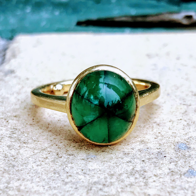 Hand-Made Trapiche Emerald Engagement Ring With Yellow Gold Band