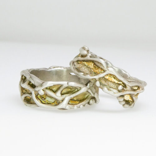 These incredibly unique rings were made using mixed precious metals and freehand creativity for a truly organic look. 